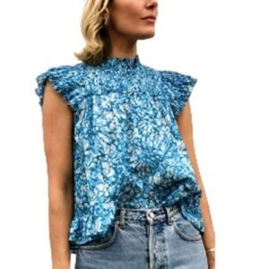 Love the Label Smocked Yoke Ruffle Sleeve Top in Martine Blue Sz. XS